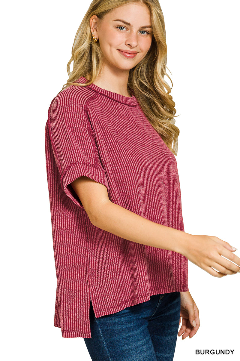 Raised Rib Cuff Raw Edge Top