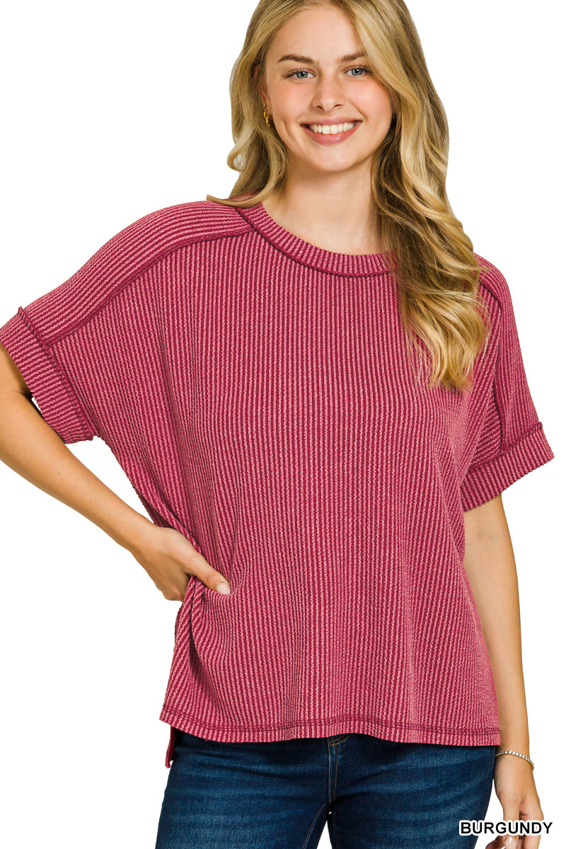 Raised Rib Cuff Raw Edge Top