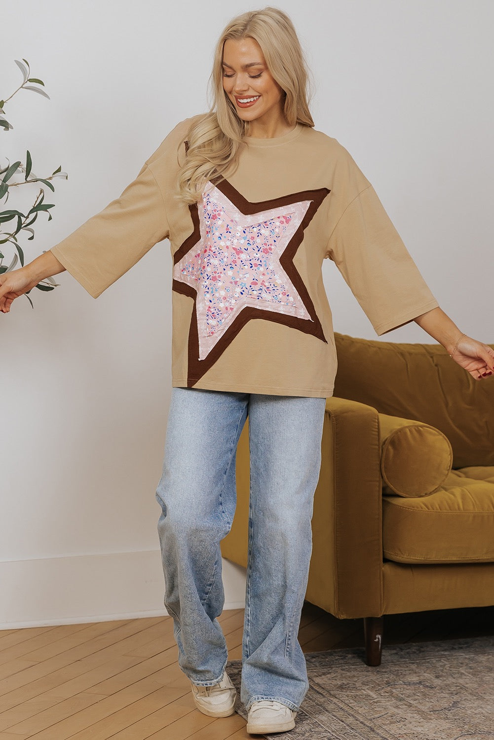 Camel Floral Star Patch Top