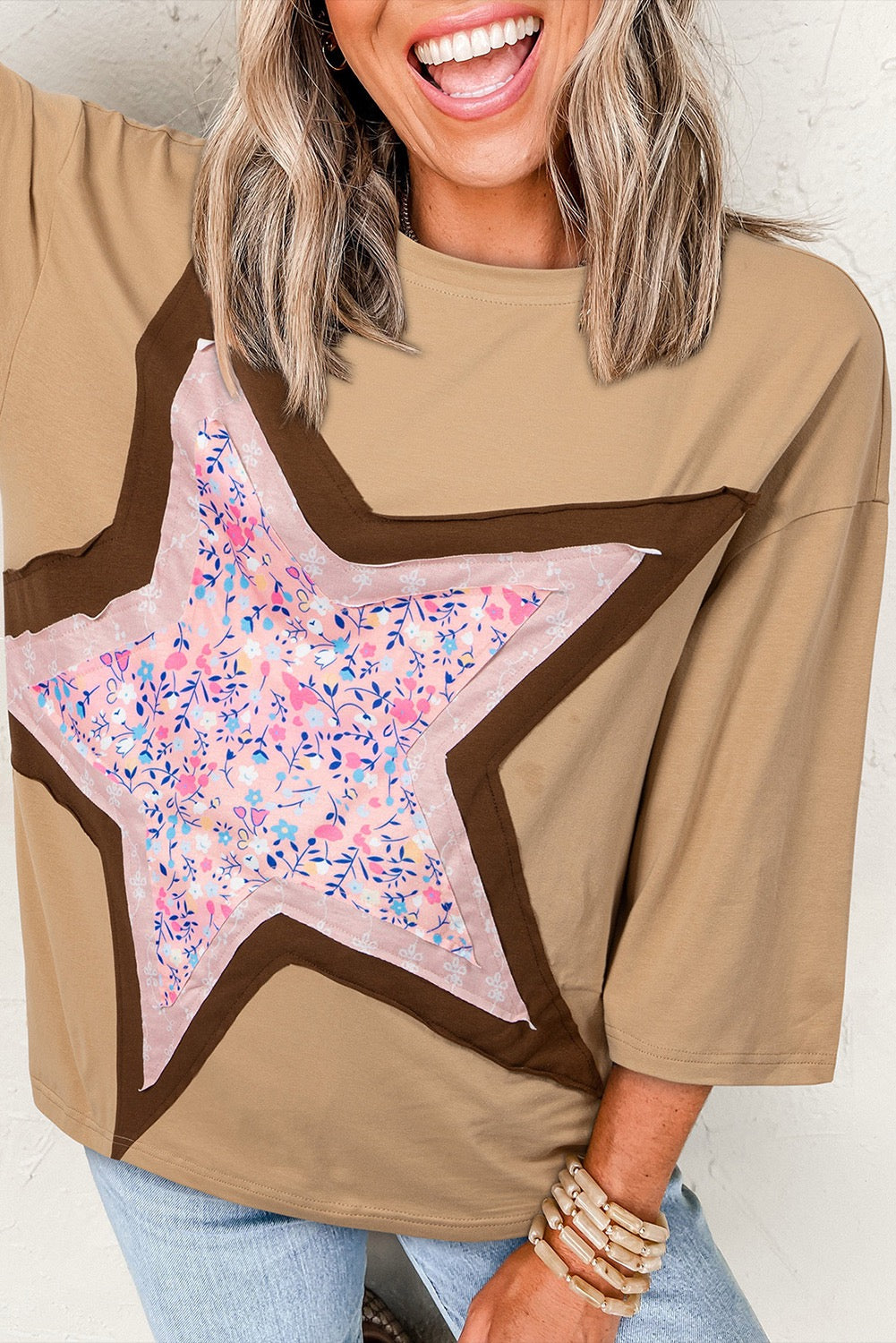 Camel Floral Star Patch Top