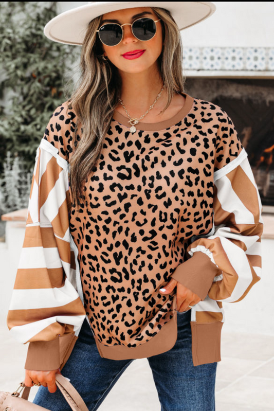 Khaki Leopard Striped Patchwork Sweatshirt