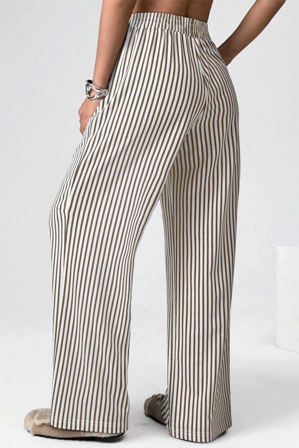 Brown Stripe High Waist Elastic Loose Pants with Pockets | Peachy & Pine Women’s Bottoms