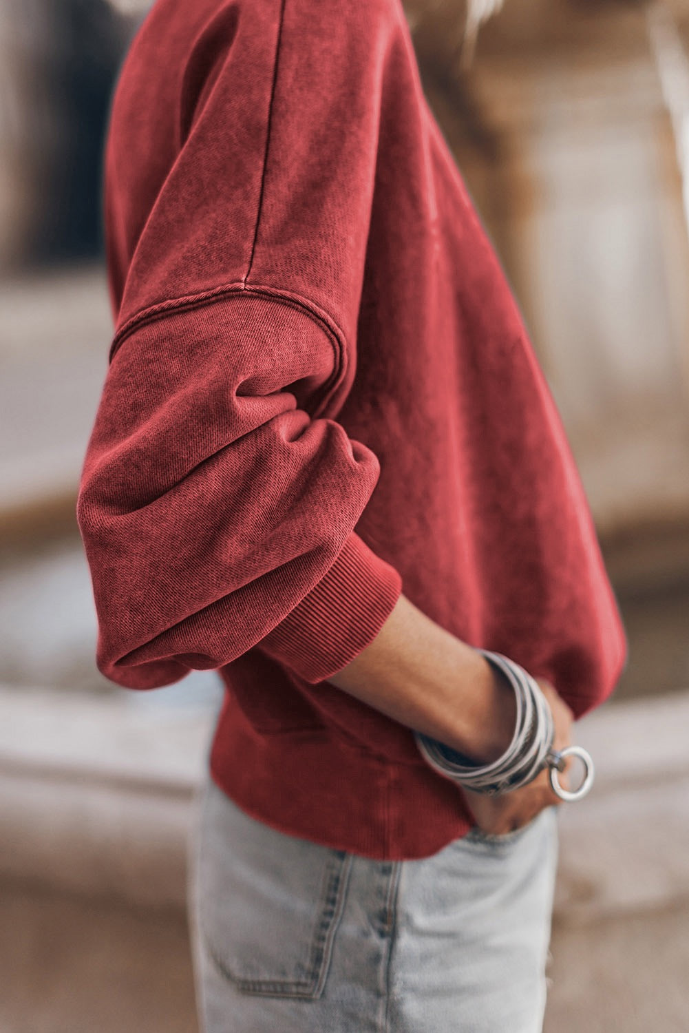 Red Dahlia Drop Shoulder Crew Neck Pullover Sweatshirt | Cozy Casual Women’s Top