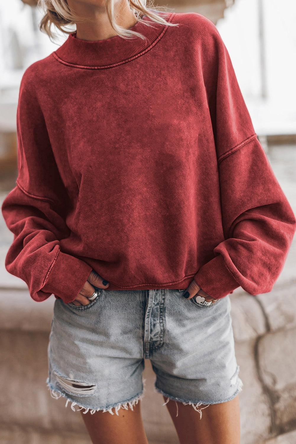Red Dahlia Drop Shoulder Crew Neck Pullover Sweatshirt | Cozy Casual Women’s Top