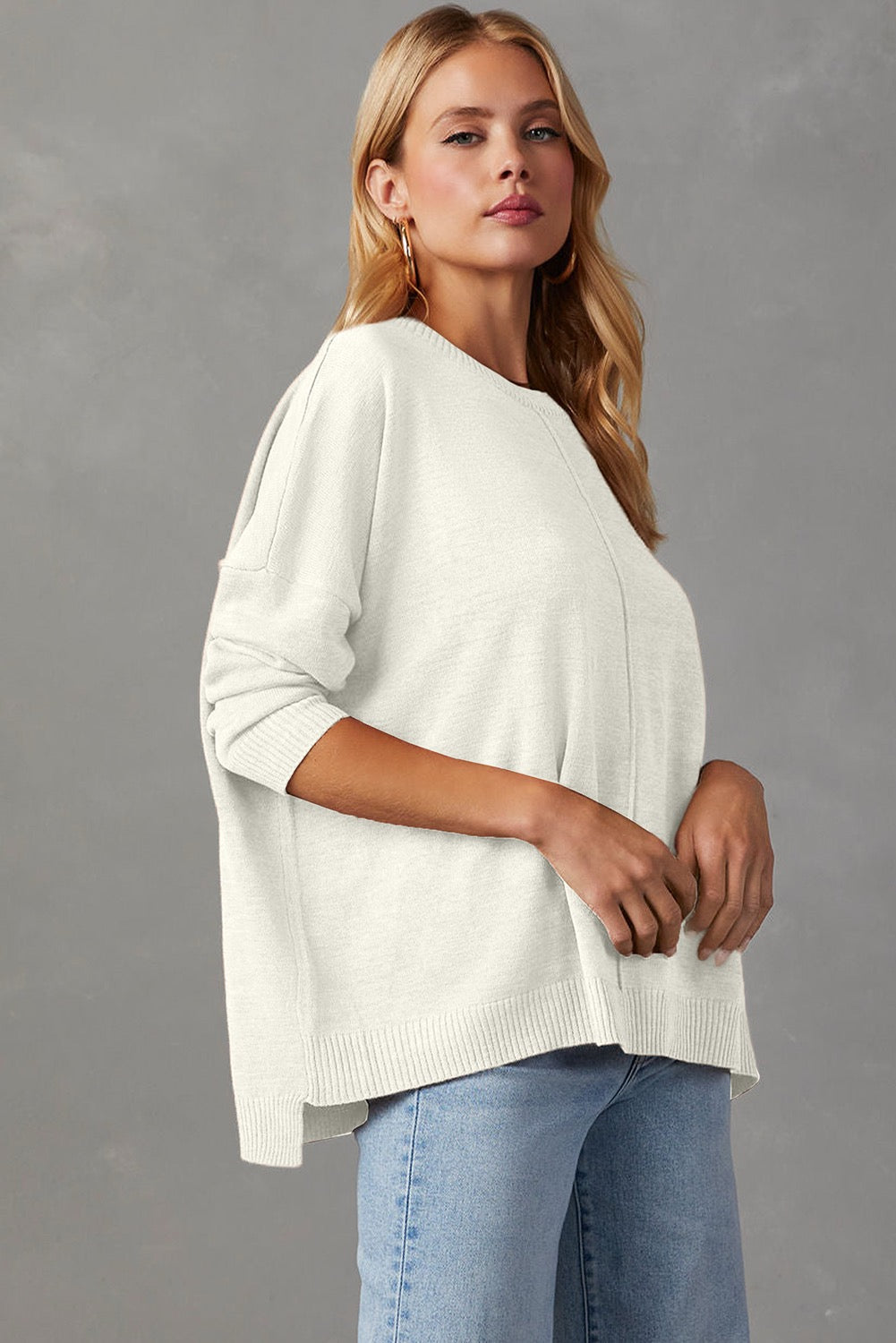 White Front Center Seam Drop Shoulder Sweater | Cozy Neutral Top