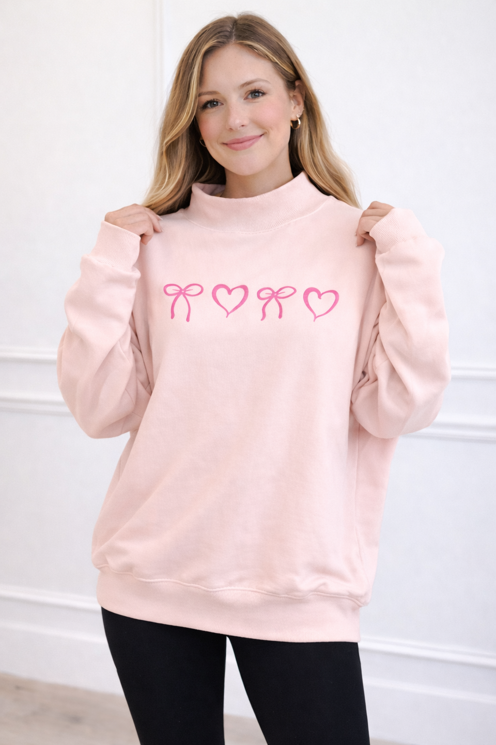 Blush Bow & Heart Mock Neck Sweatshirt
