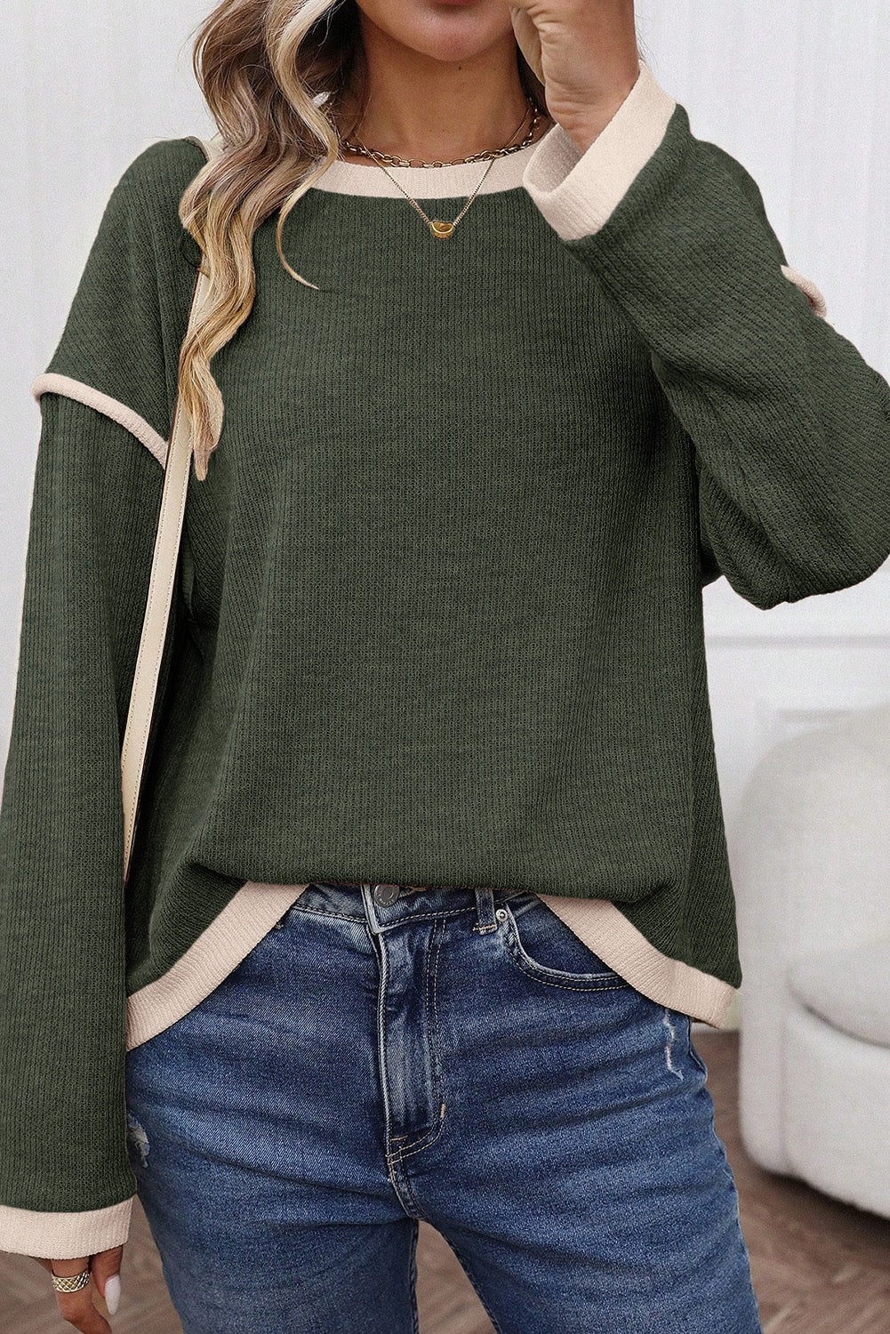 Four Leaf Clover Contrast Trim Knit Drop Shoulder Loose Top