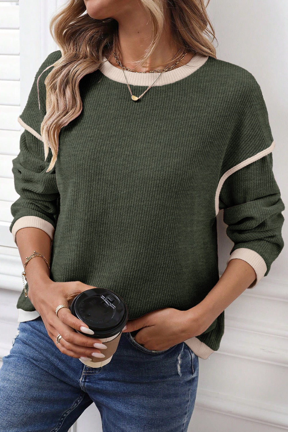 Four Leaf Clover Contrast Trim Knit Drop Shoulder Loose Top