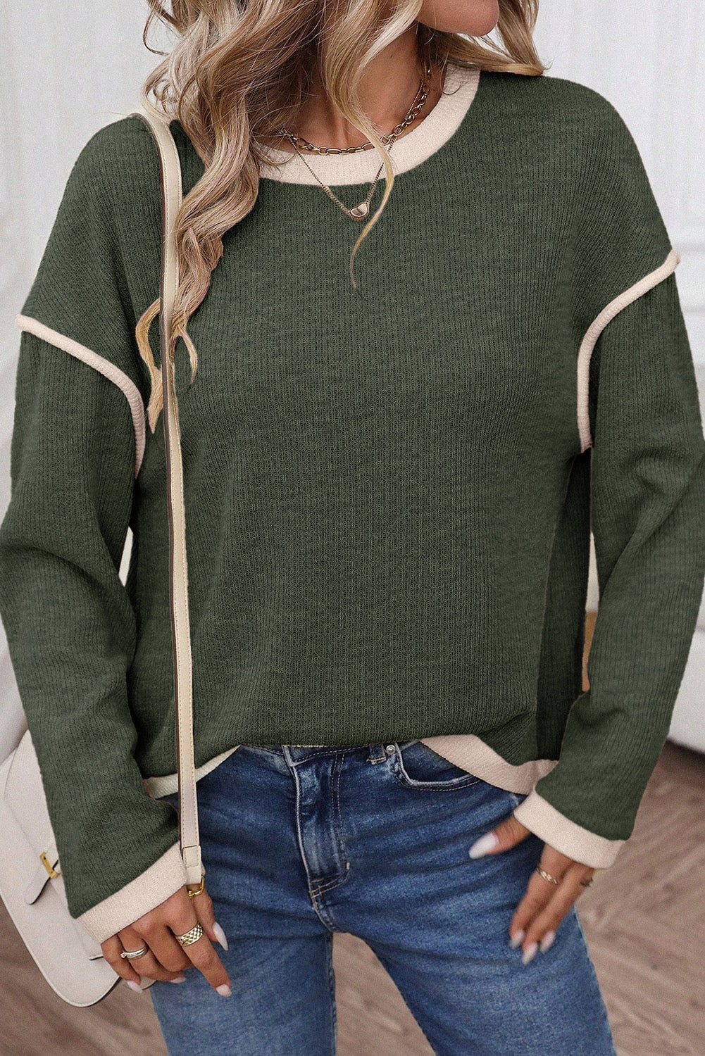 Four Leaf Clover Contrast Trim Knit Drop Shoulder Loose Top