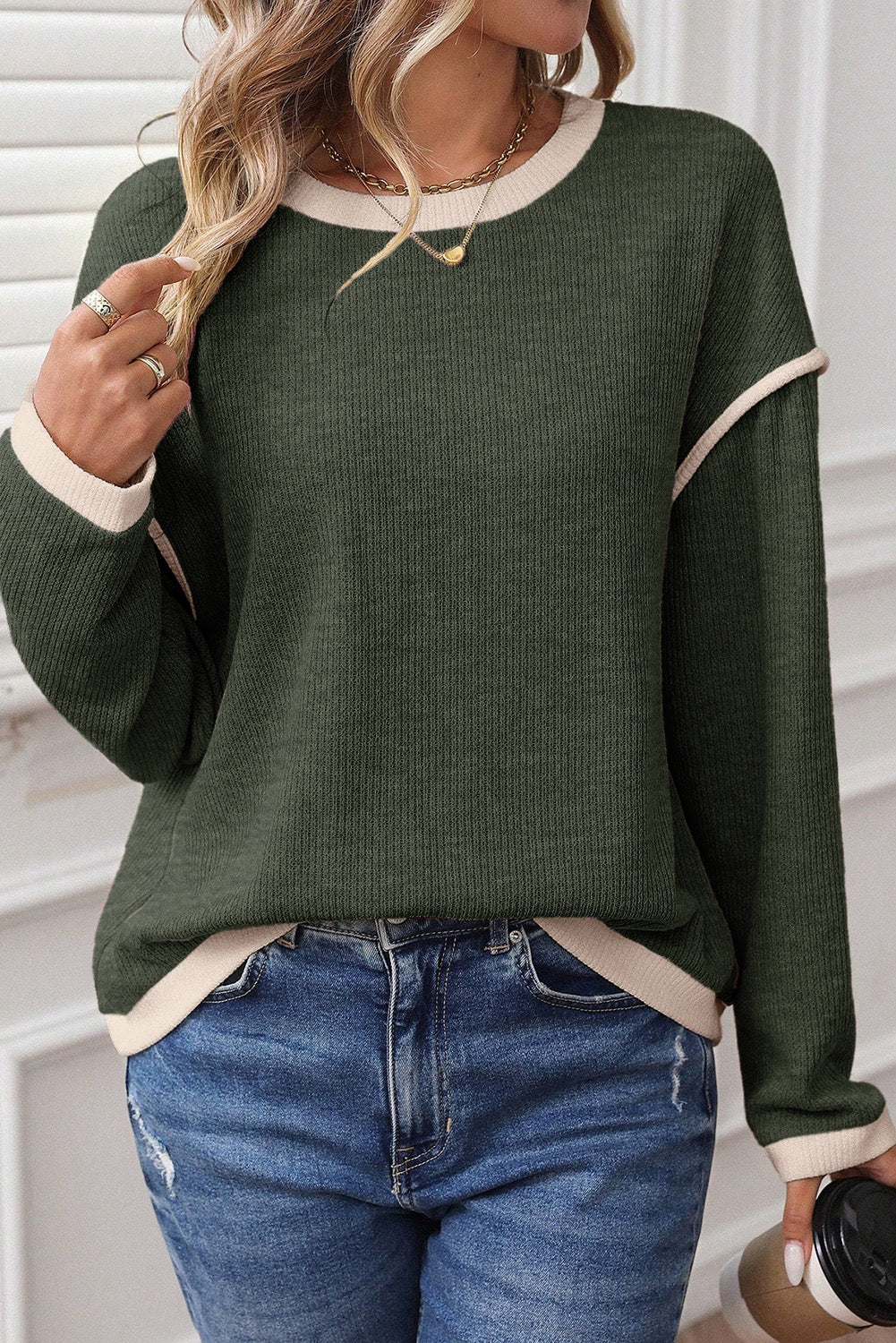 Four Leaf Clover Contrast Trim Knit Drop Shoulder Loose Top