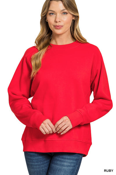 Zenana Fleece Round Neck Ribbed Side Raglan Sweatshirt Plus