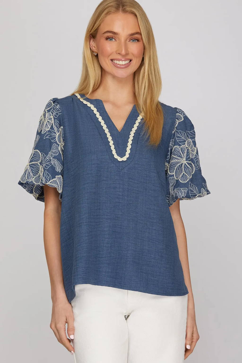 Blue Embroidered Sleeve Top
