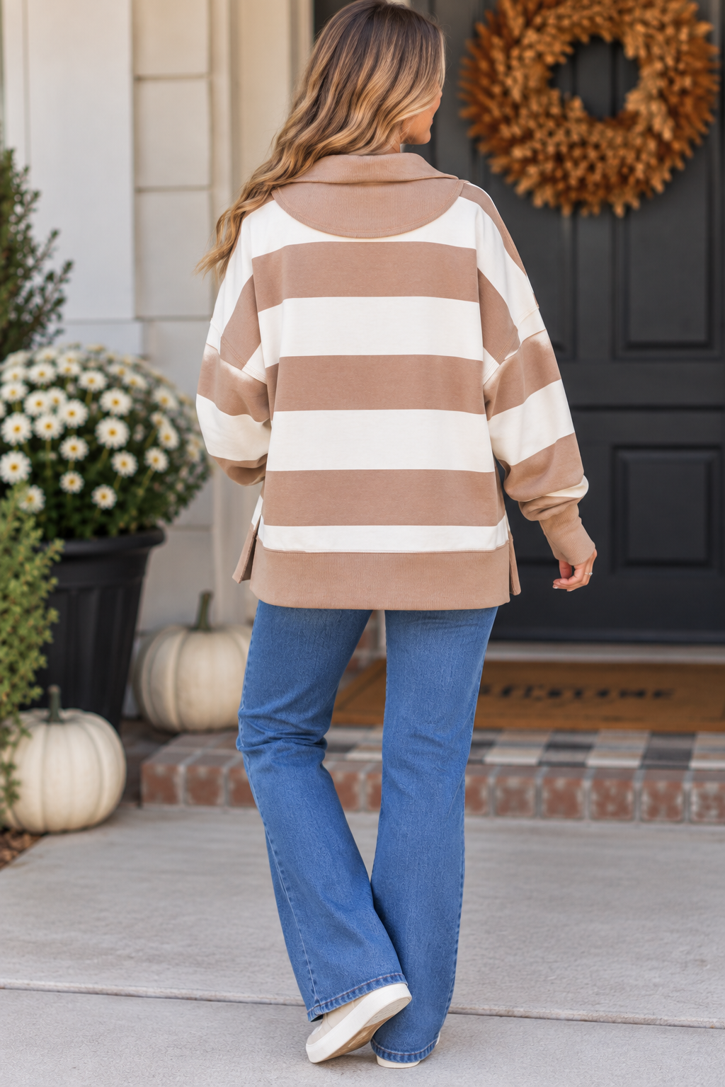 Peach Love Mocha Stripe Quarter Zip Pullover