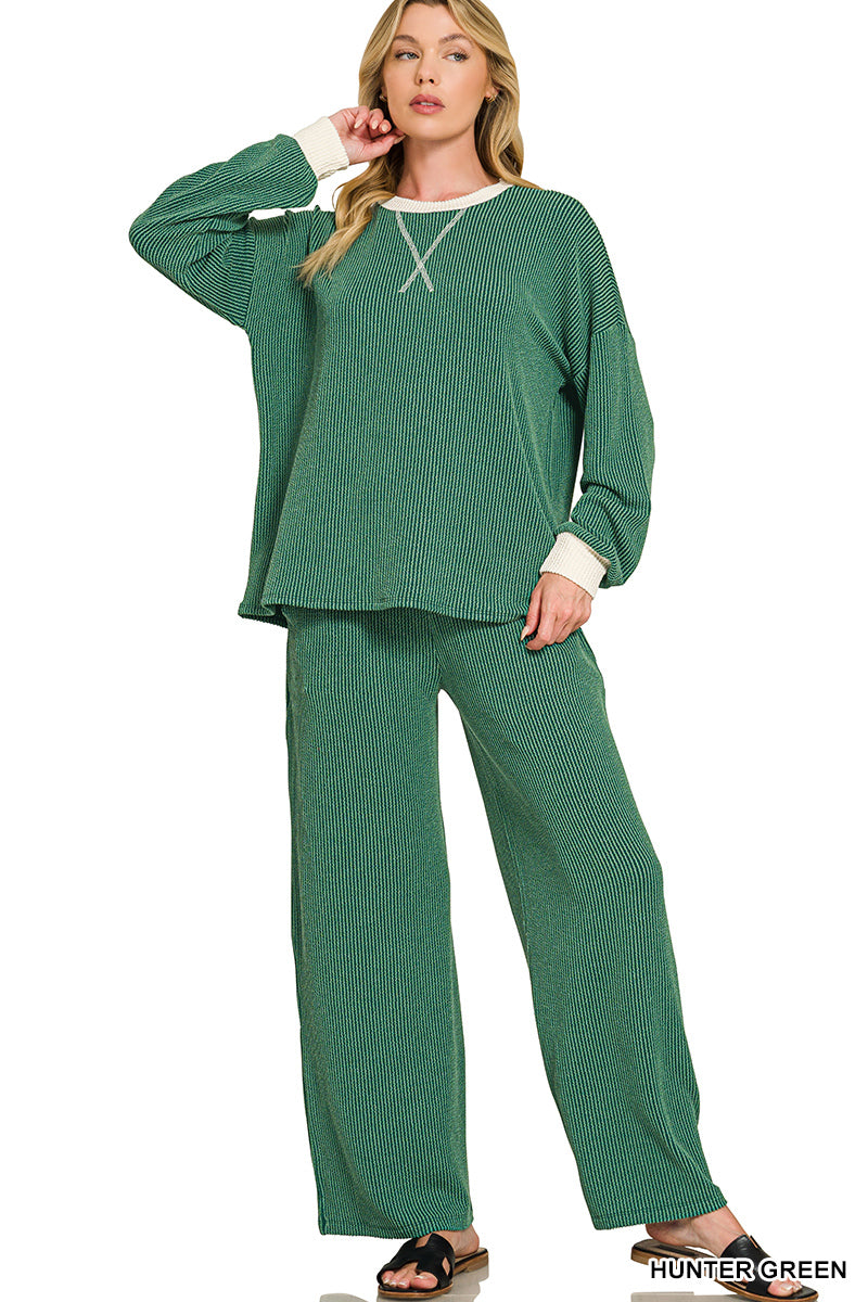 Hunter Green Ribbed Two-Piece Pant Set