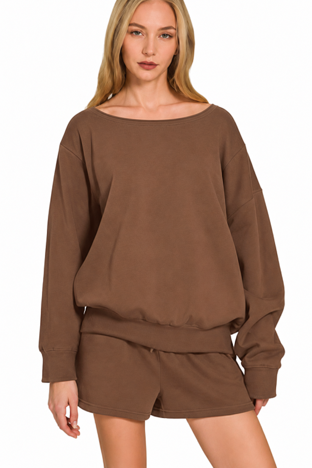 Zenana Fleece Boat-Neck Sweatshirt & Shorts Set