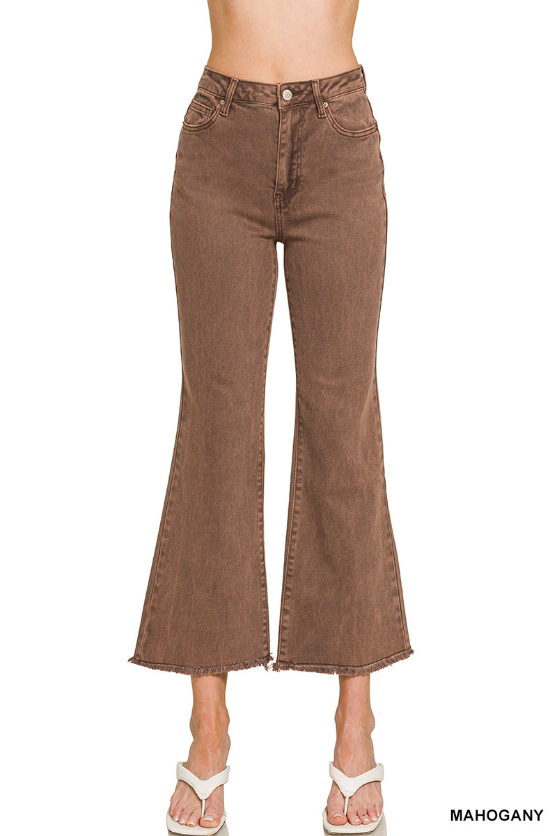 Zenana Acid Washed High Waist Frayed Hem Bootcut Jeans Mahogany