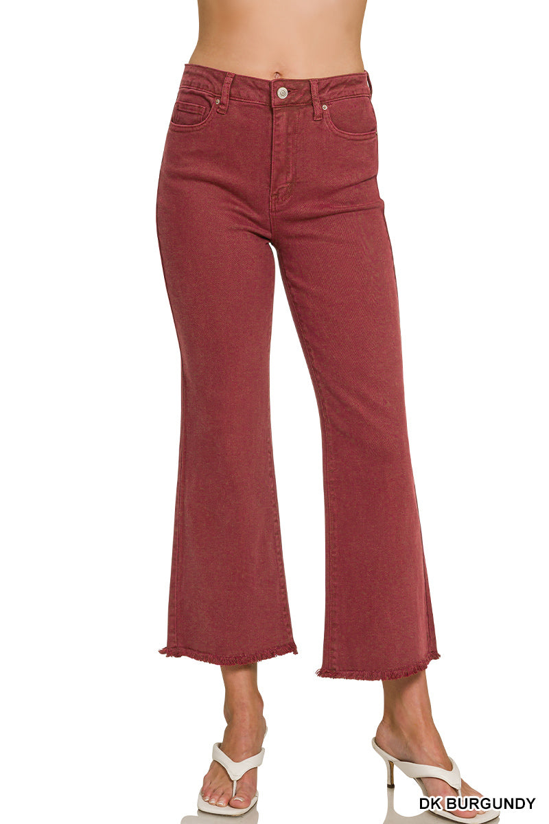 Zenana Acid Washed High Waist Frayed Hem Bootcut Jeans Dark Burgandy