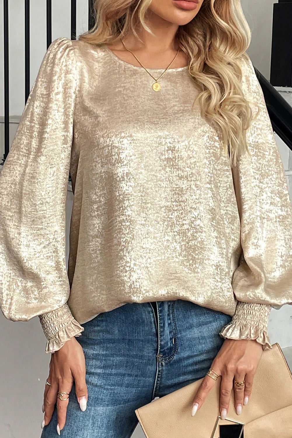 Beige Metallic Smocked Blouse