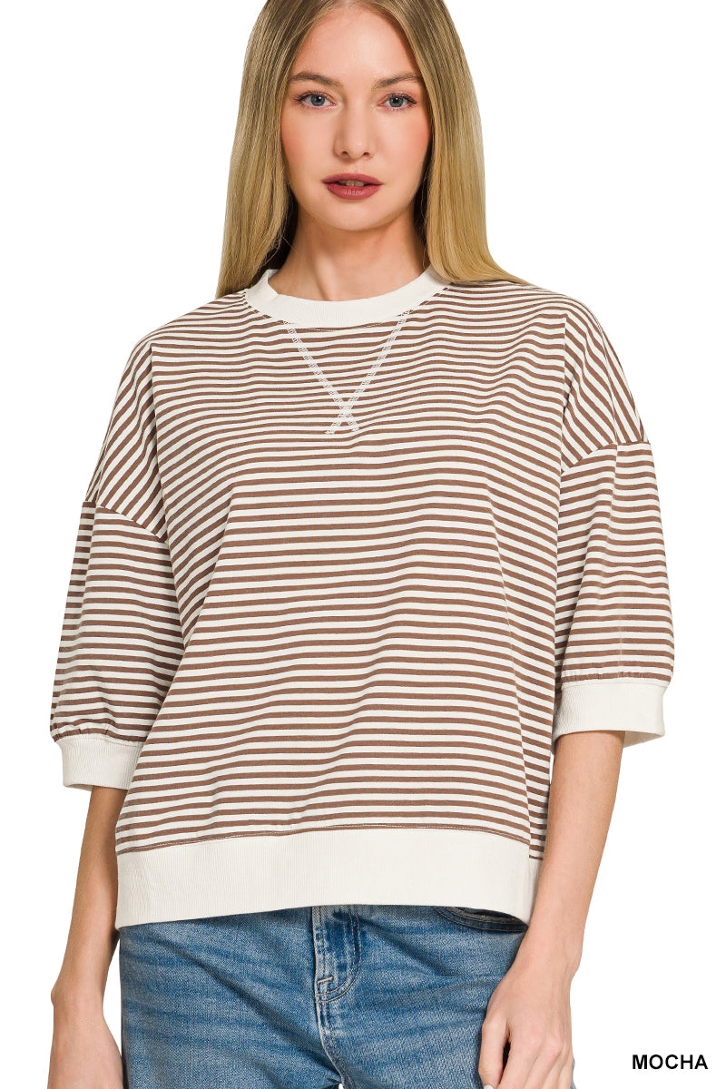 Zenana Mocha Striped Rib Banded Short Sleeve Pullover
