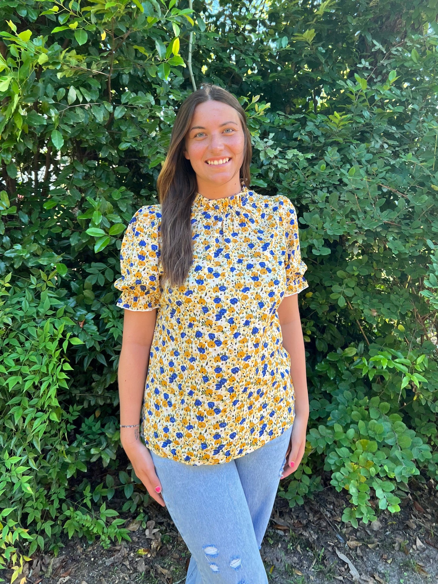 Yellow Boho Floral Ruffle Short Sleeve Frill Mock Neck Blouse