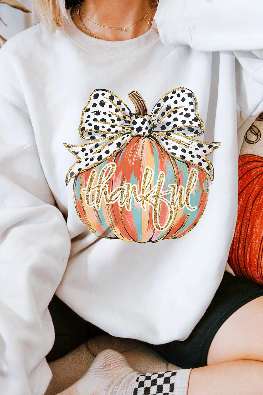 Pumpkin Polka Dot Bow Thanksgiving Sweatshirt