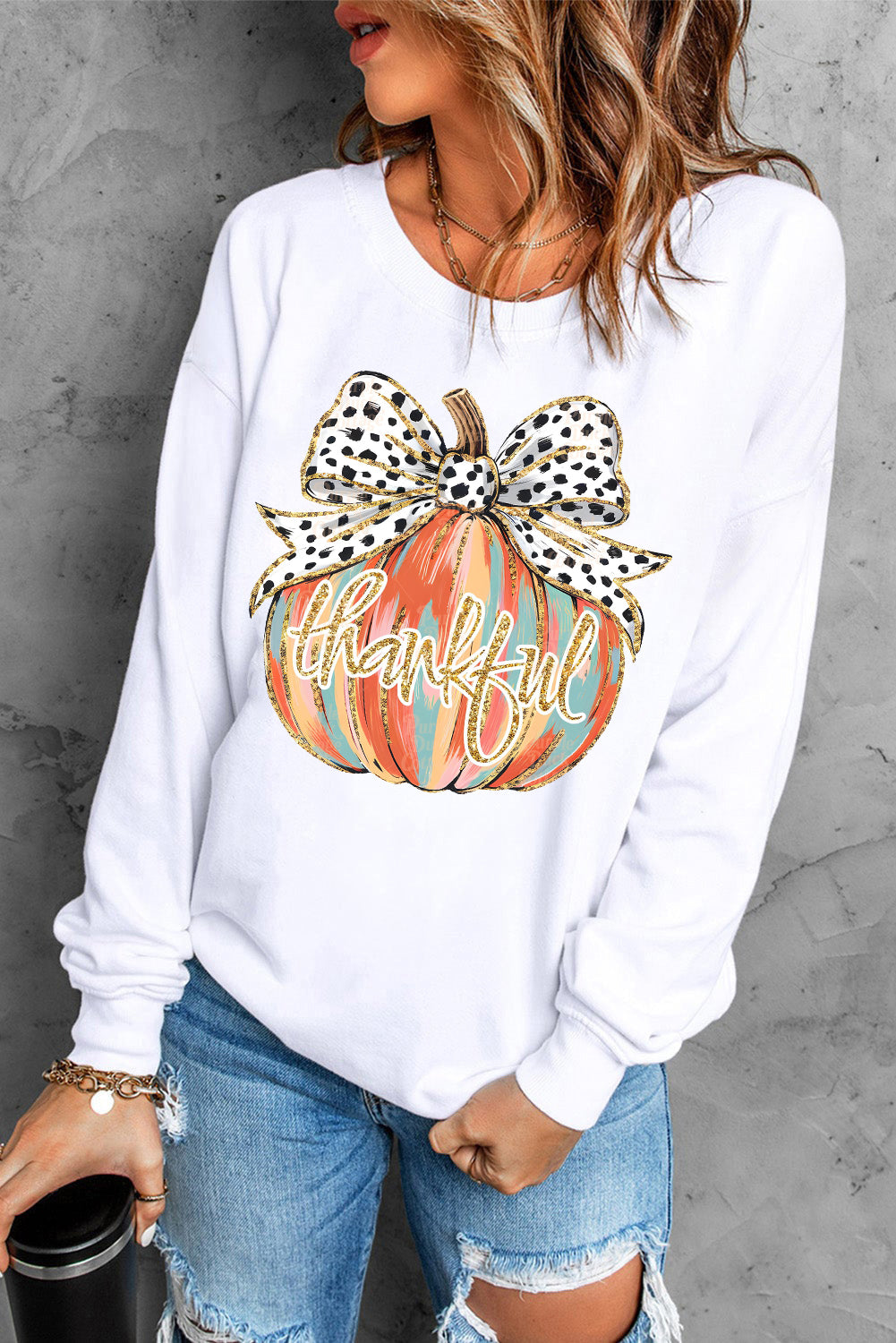 Pumpkin Polka Dot Bow Thanksgiving Sweatshirt