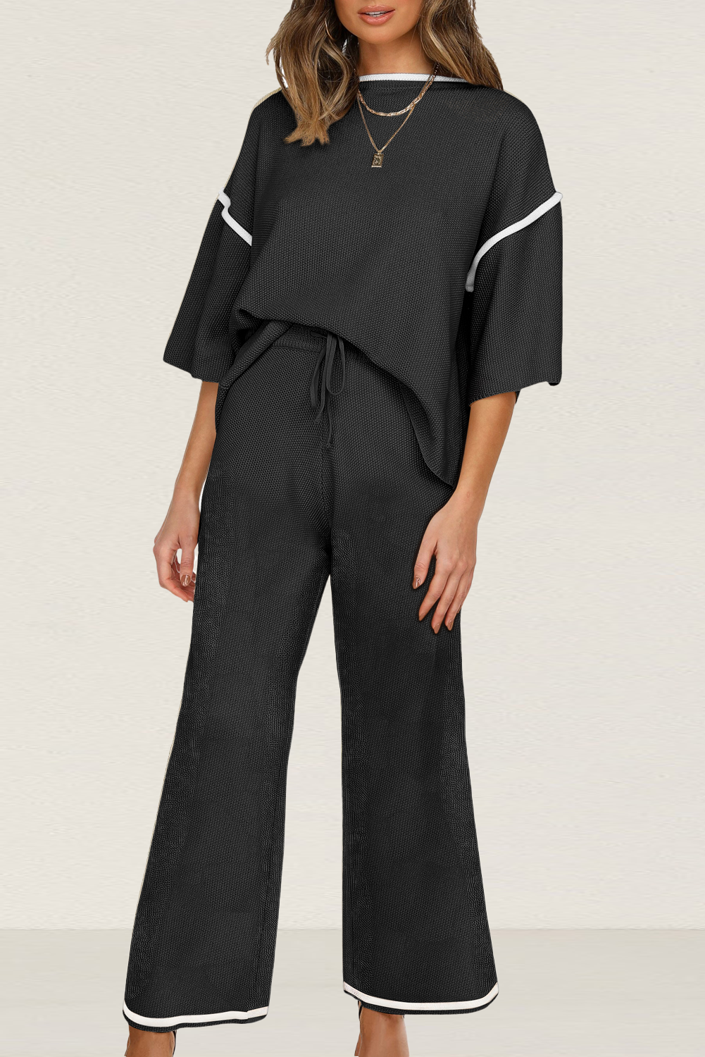 Black Contrast Trim Sweater Knit Pant Set