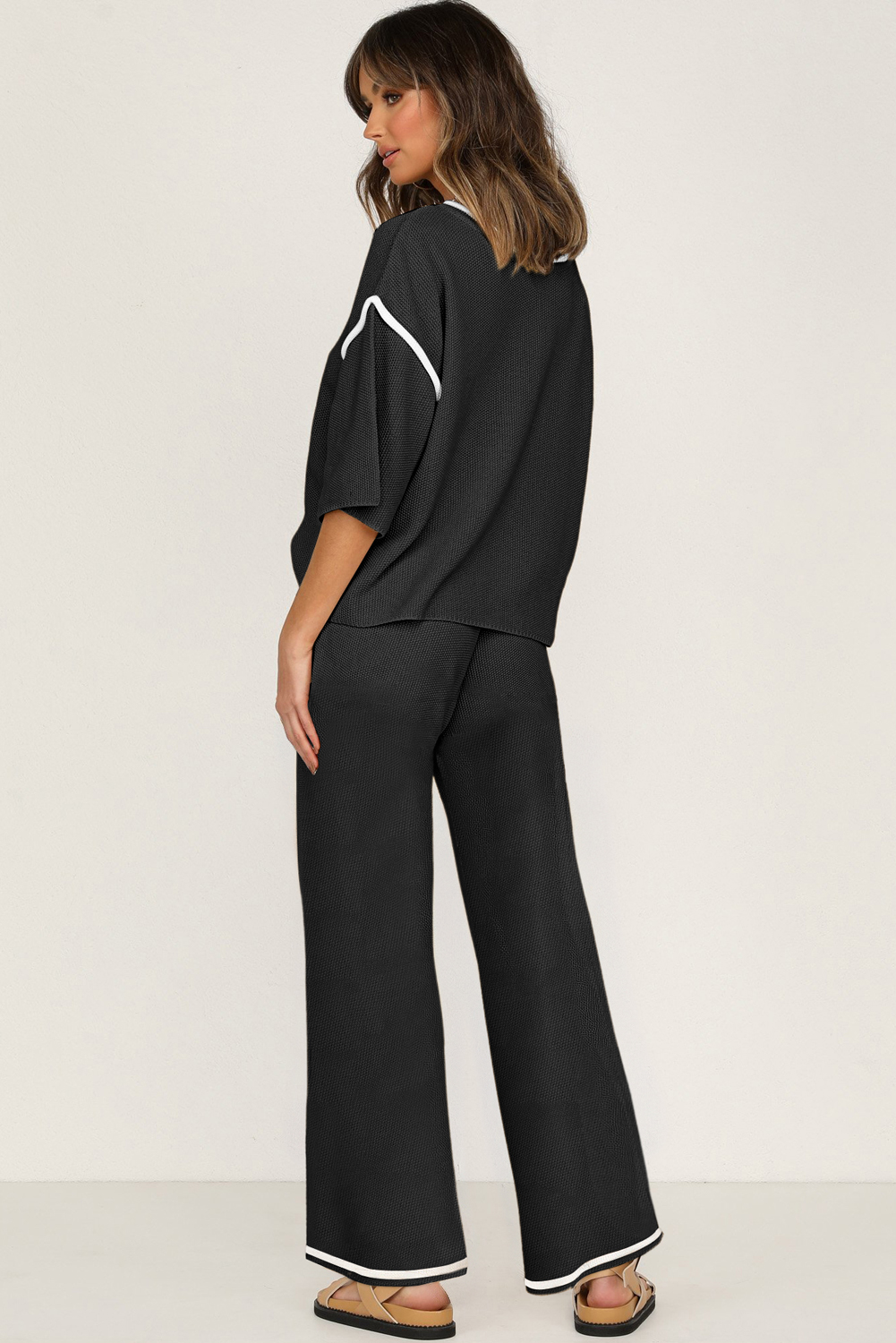 Black Contrast Trim Sweater Knit Pant Set