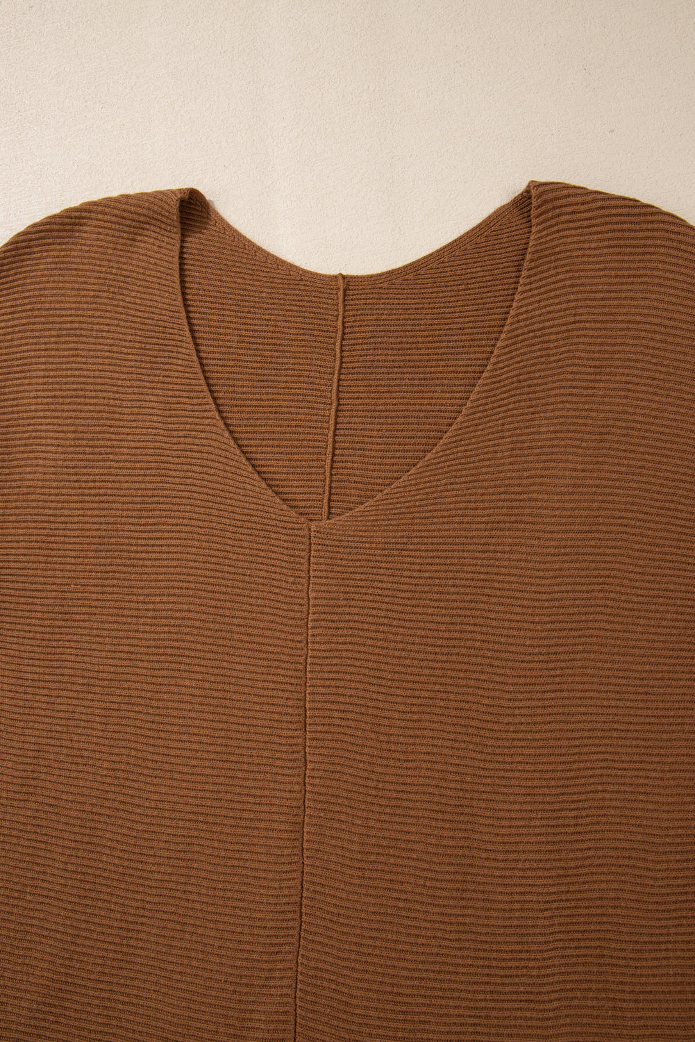 Camel Ribbed Knit Drop Sleeve V-Neck Loose Fit Sweater