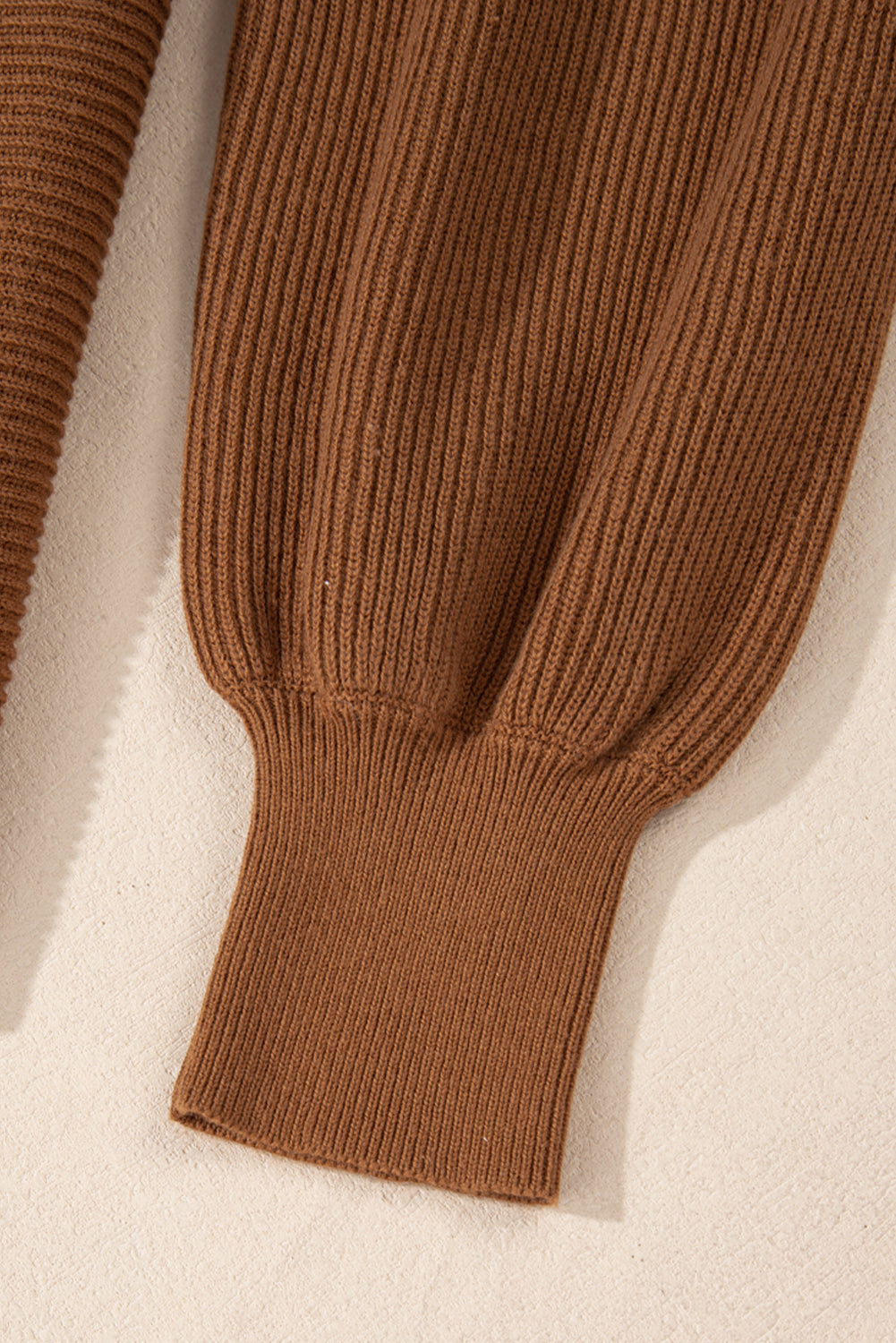 Camel Ribbed Knit Drop Sleeve V-Neck Loose Fit Sweater
