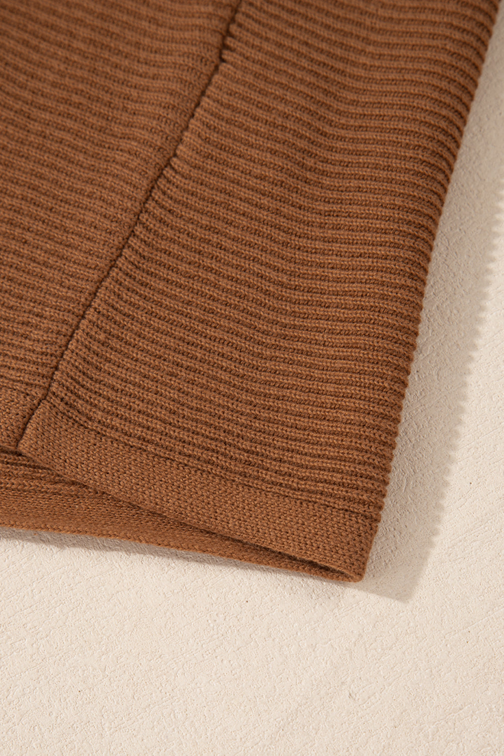 Camel Ribbed Knit Drop Sleeve V-Neck Loose Fit Sweater