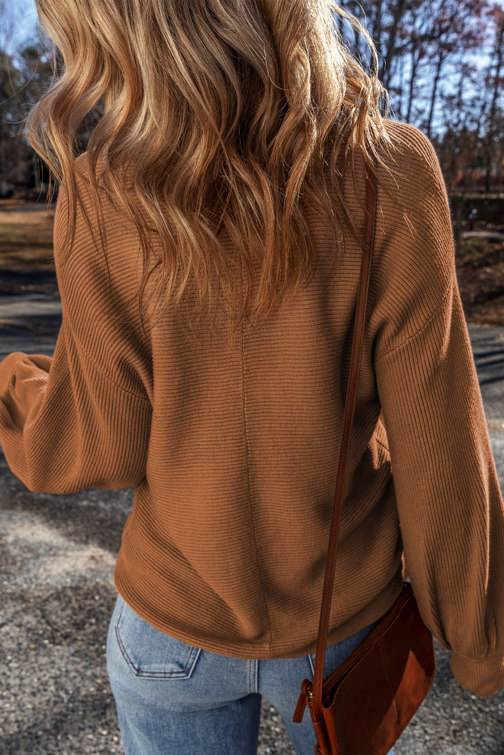 Camel Ribbed Knit Drop Sleeve V-Neck Loose Fit Sweater