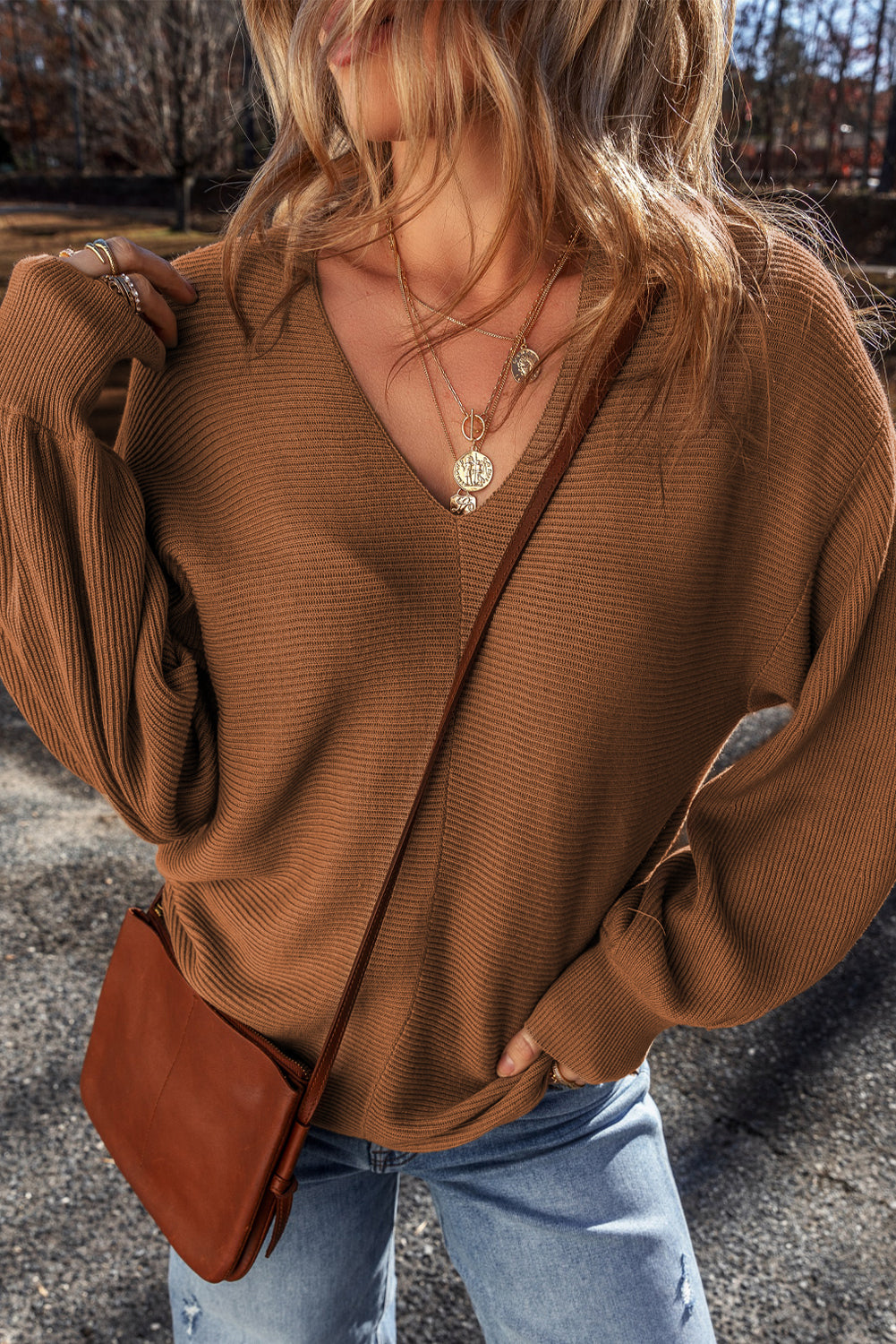 Camel Ribbed Knit Drop Sleeve V-Neck Loose Fit Sweater