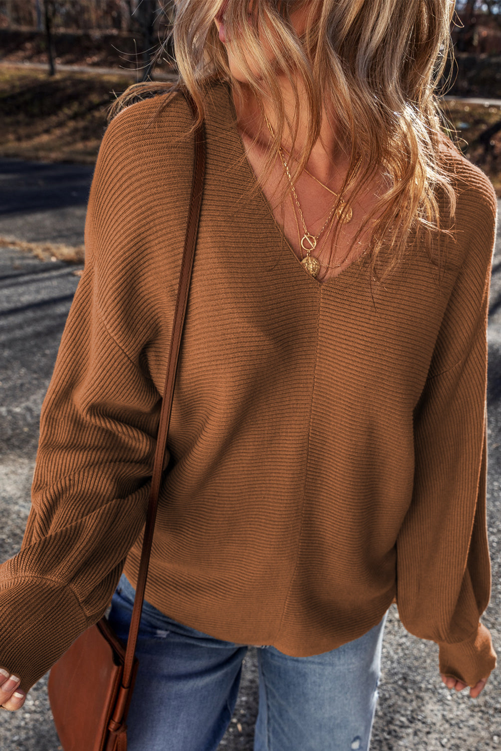 Camel Ribbed Knit Drop Sleeve V-Neck Loose Fit Sweater