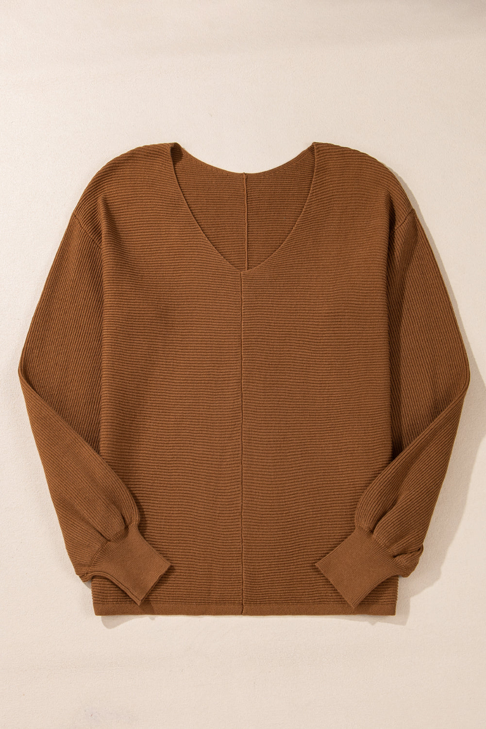 Camel Ribbed Knit Drop Sleeve V-Neck Loose Fit Sweater