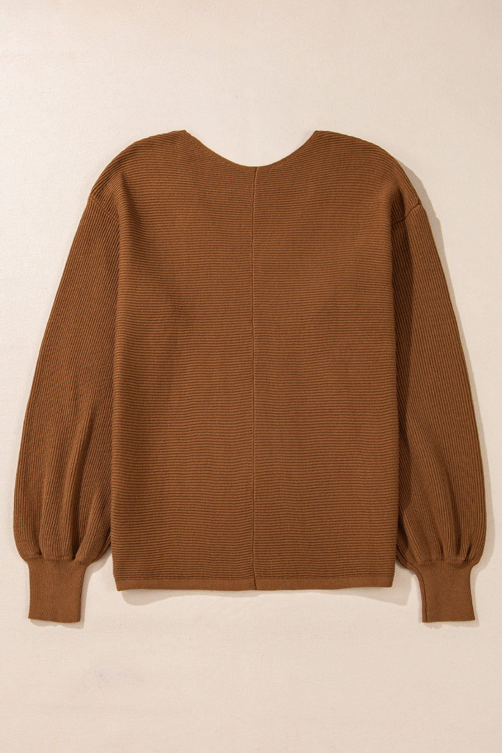 Camel Ribbed Knit Drop Sleeve V-Neck Loose Fit Sweater