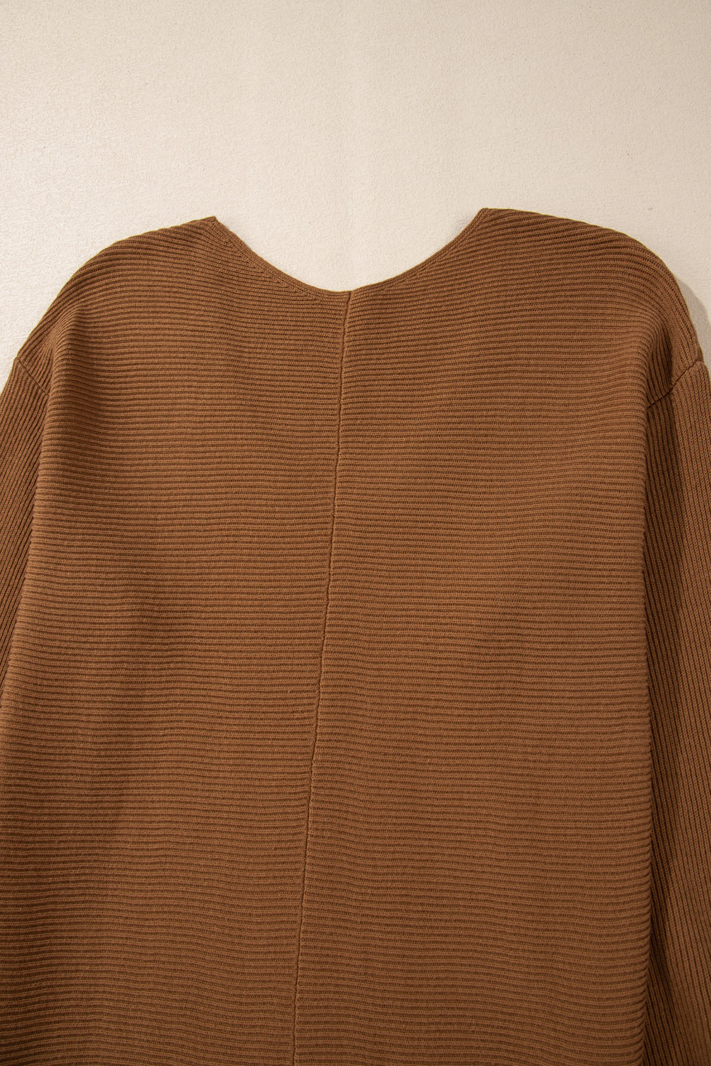 Camel Ribbed Knit Drop Sleeve V-Neck Loose Fit Sweater