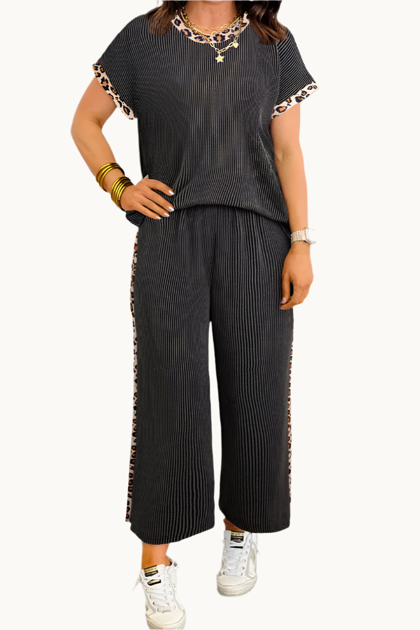 Carbon Grey Leopard Patchwork Edge Twisted Rib T Shirt and Cropped Pants Set