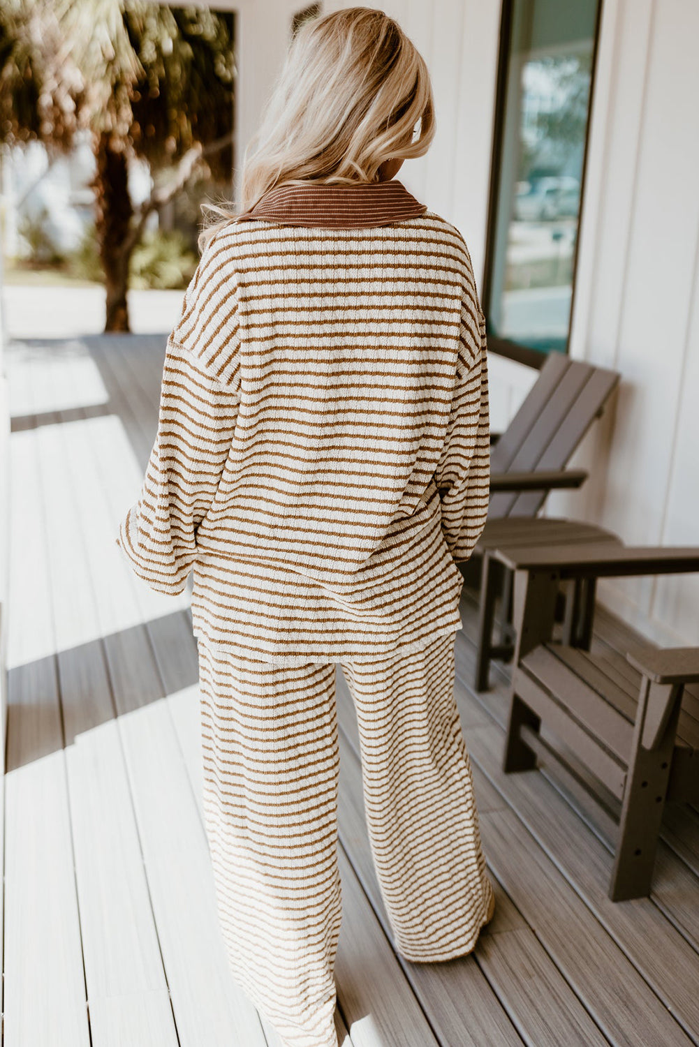Khaki Stripe Collared Pullover & Wide-Leg Pant Set – Cozy 2 Piece