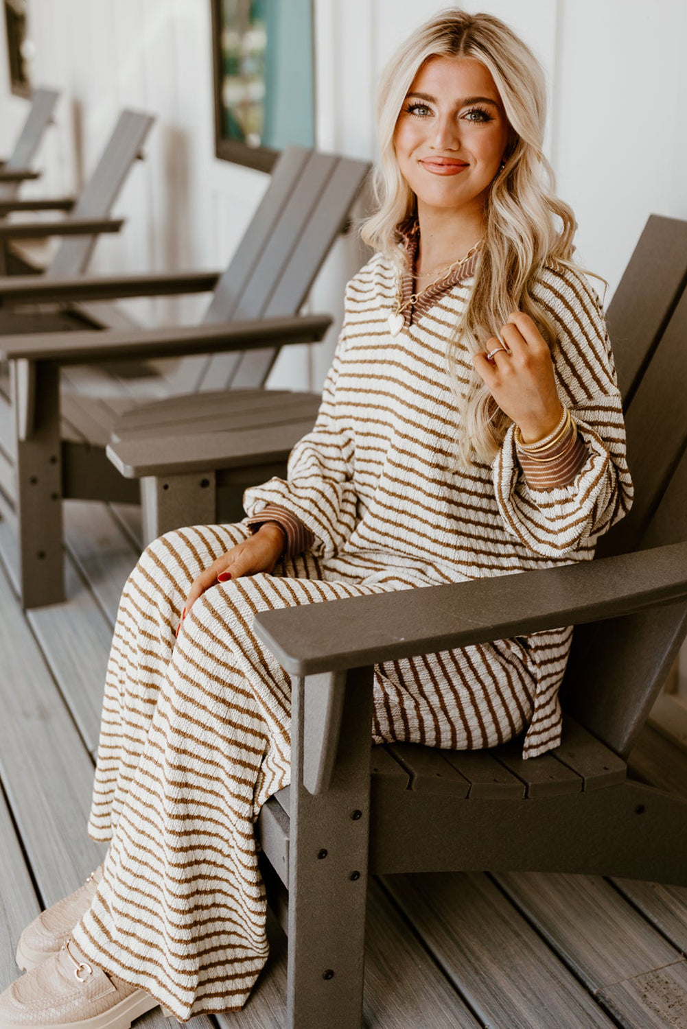 Khaki Stripe Collared Pullover & Wide-Leg Pant Set – Cozy 2 Piece