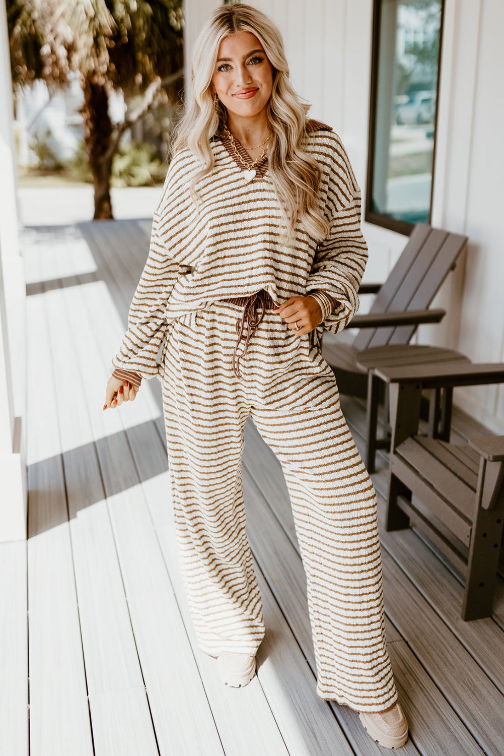 Khaki Stripe Collared Pullover & Wide-Leg Pant Set – Cozy 2 Piece