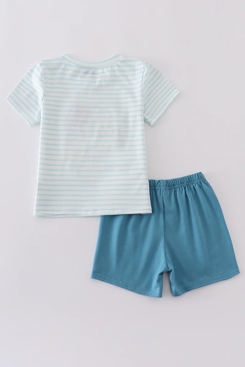 Blue Stripe Puppy Flag Applique Shorts Set