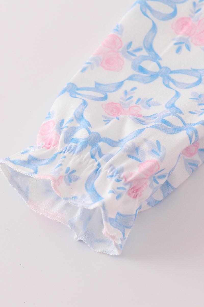 Blue Floral Bow Print Ruffle Bubble