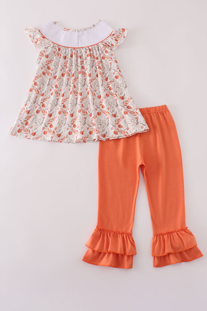 Fall Leaves Embroidery Smocked Ruffle Pants Set
