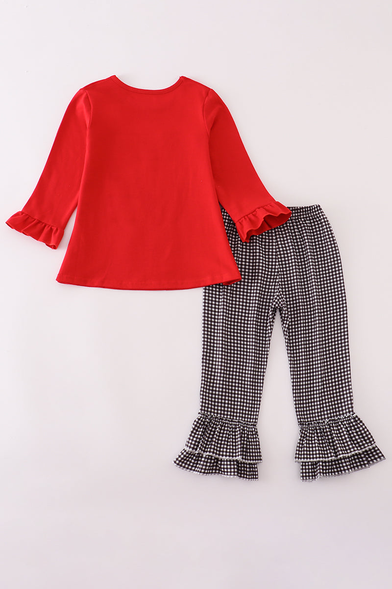 Bulldog Smocked Ruffle Pant Set – Red & Gingham