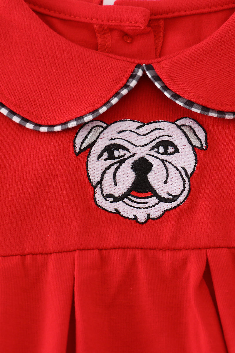 Bulldog Embroidered Bubble Romper – Red with Gingham Trim