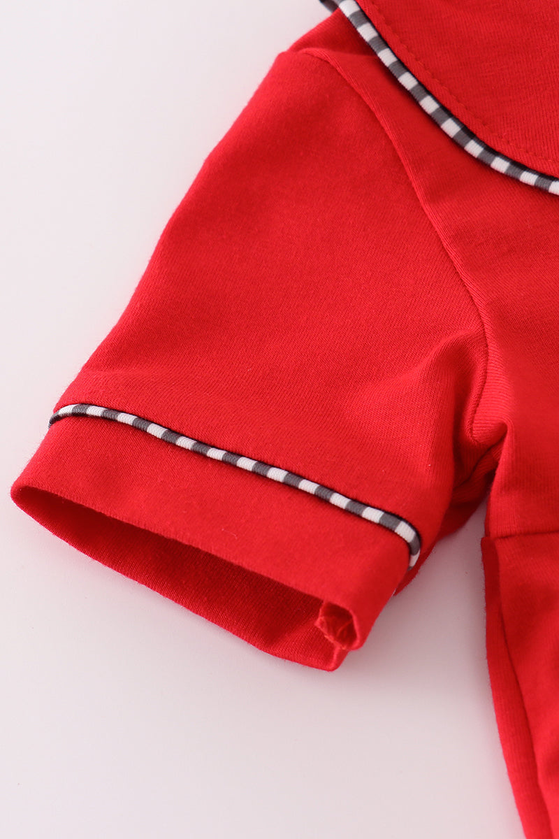 Bulldog Embroidered Bubble Romper – Red with Gingham Trim