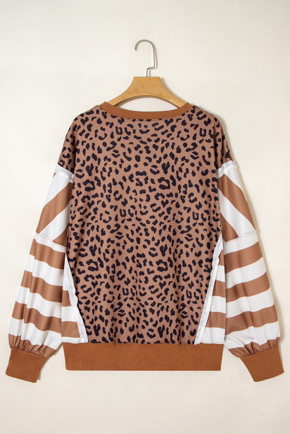Khaki Leopard Striped Patchwork Sweatshirt