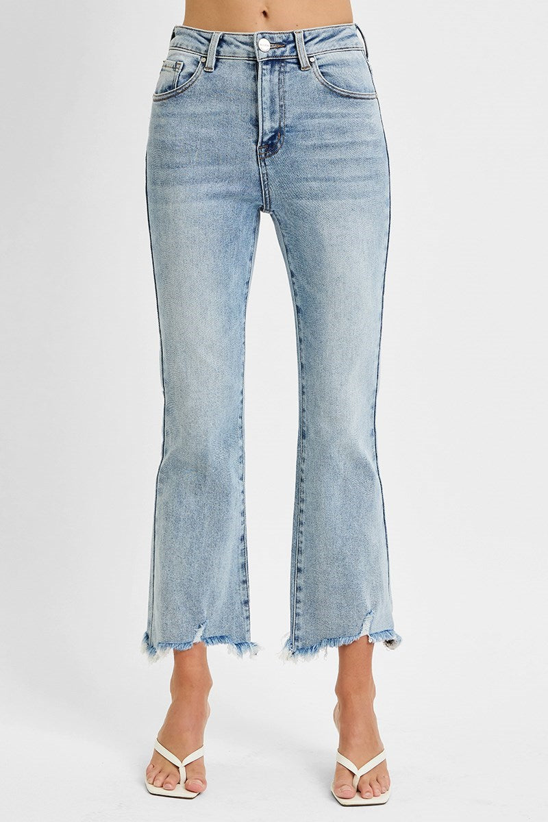Risen High Rise Crop Flared Frayed Hem Jeans