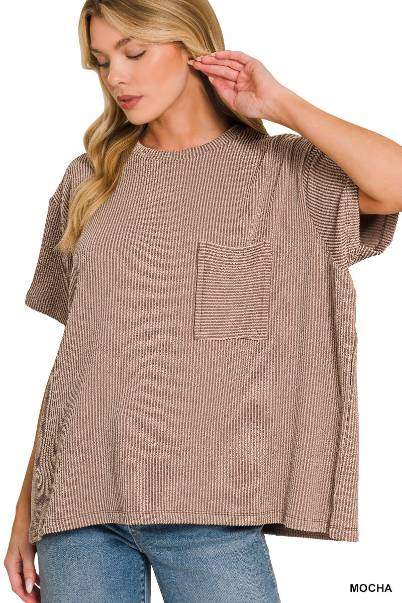 Raised Rib Short Sleeve Front Pocket Top by Zenana